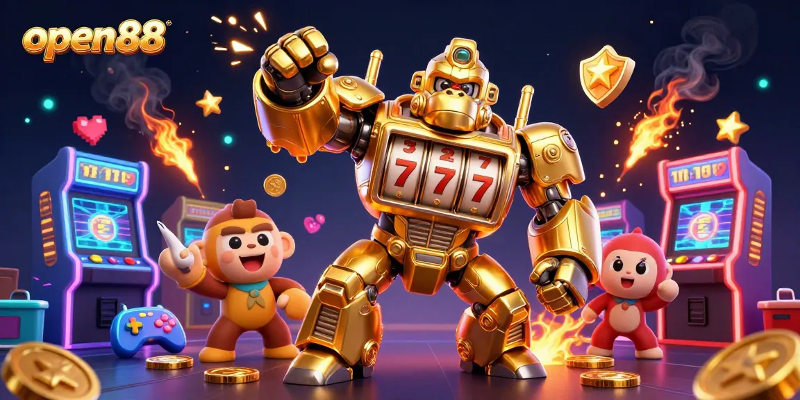 Experience the excitement of open88 through a dynamic casino gaming scene featuring a golden gorilla mech.