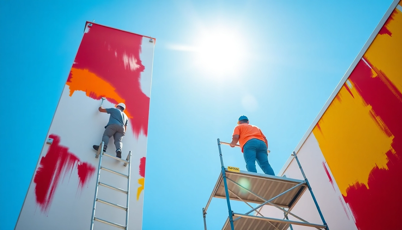 Commercial painting scene with vibrant colors featuring professional painters on a building.