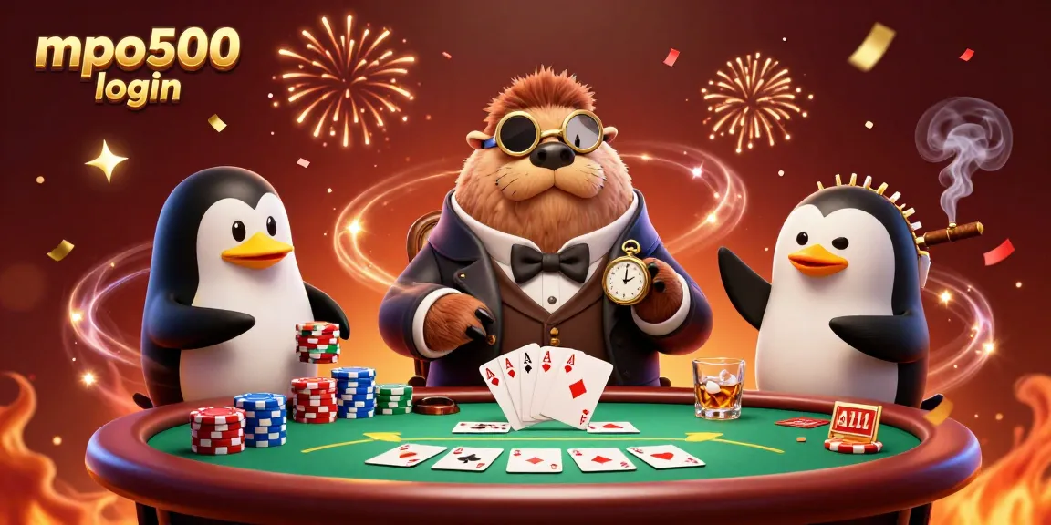 Engage with MPO500 login at an underwater poker table, featuring a walrus, penguin dealer, and a bluffing pufferfish.