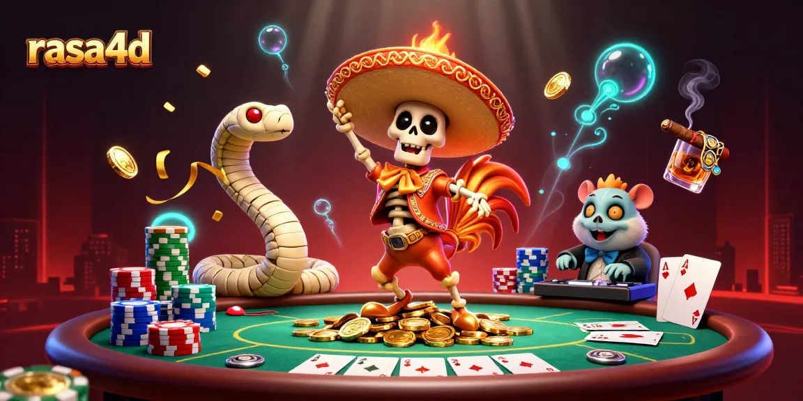 Ilustrasi lengkap 3D rasa4d menampilkan karakter kartun dengan suasana kasino yang meriah.