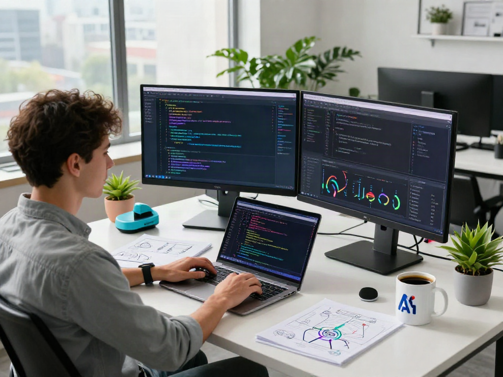 Innovative AI workspace highlighting crush on ai with coding screens, data analytics, and a bright city view.