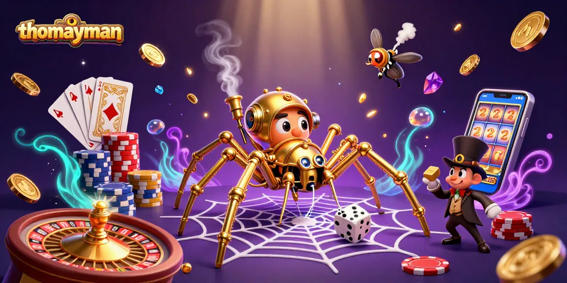 Spin and win at thomayman with a 3D golden spider and whimsical gambling elements.