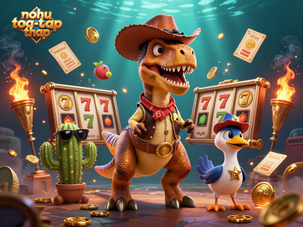 Engage with the thrilling nohu-toa-thap experience featuring cartoon dinosaur and slot game elements.