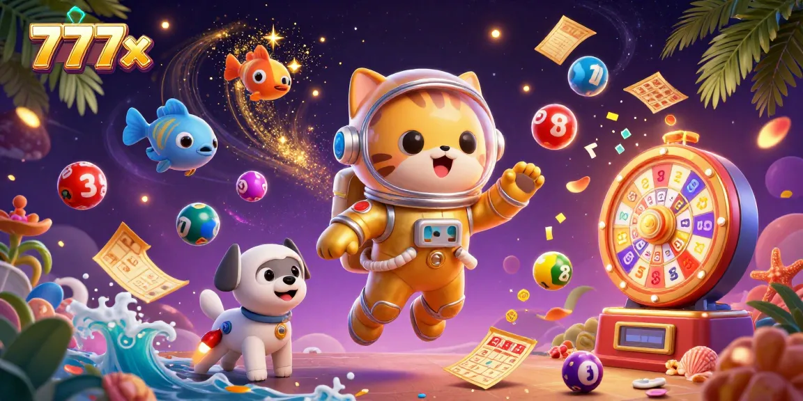Win big with 777x as a playful astronaut cat joins a jackpot lottery scene filled with vibrant elements.