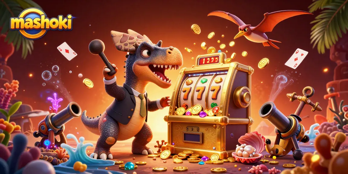 Experience mashoki excitement with dinosaurs and jackpot wins in a vibrant casino scene.