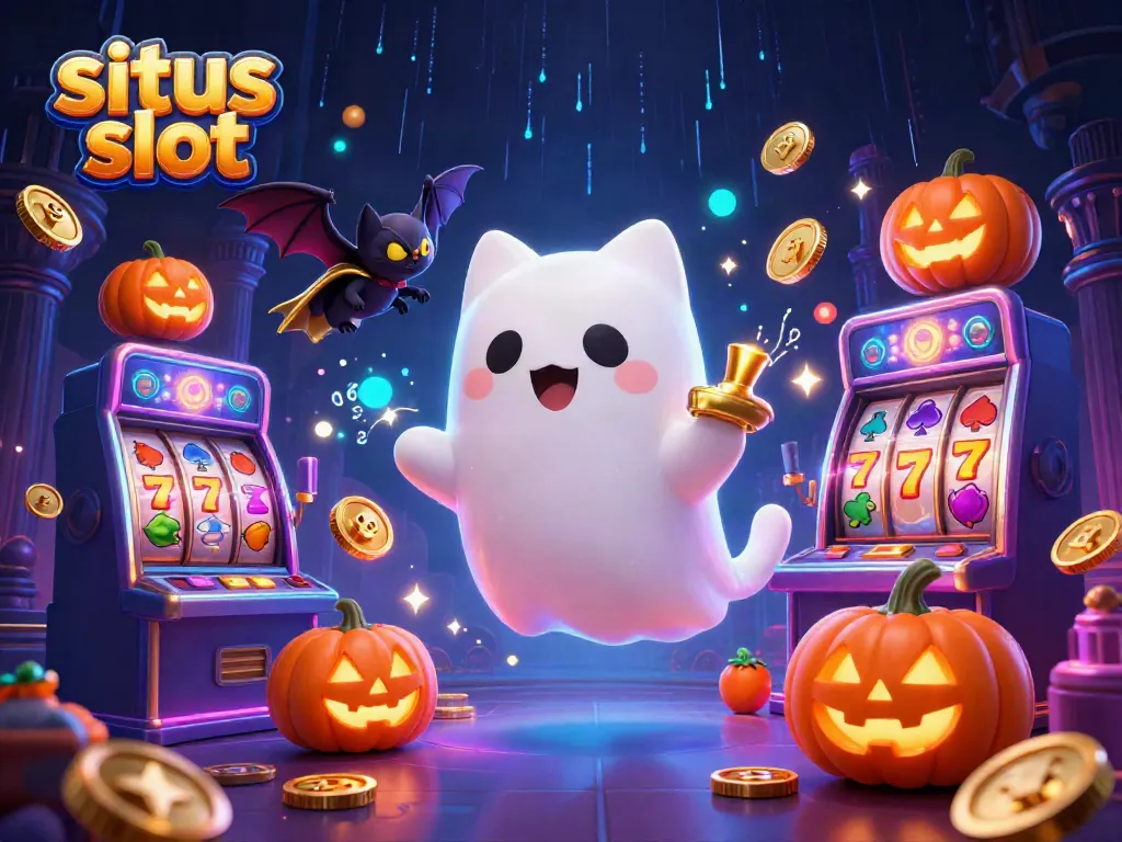Gambaran situs slot dengan karakter kucing hantu dan kelelawar, slot reel berputar dan simbol buah.