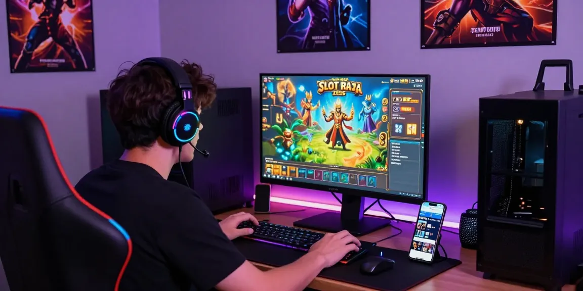 Player engaged with Slot Raja game, vibrant graphics, modern gaming setup