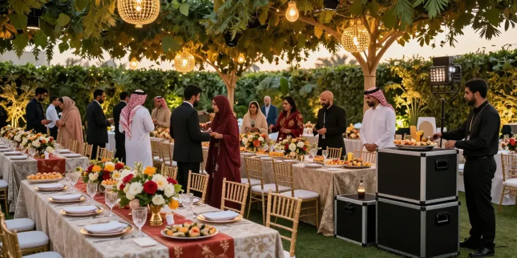 Event rental KSA setup for a luxurious outdoor wedding, featuring elegant tables and lighting.
