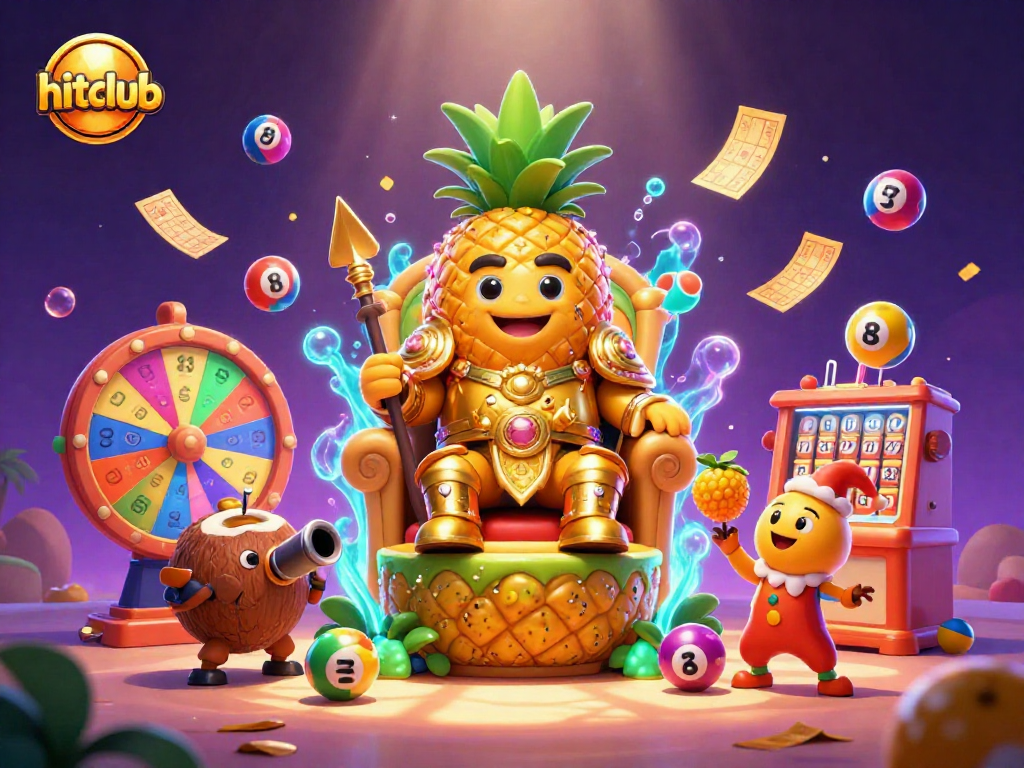 Experience the excitement of hitclub with the golden pineapple king and lottery elements in a vibrant casino scene.