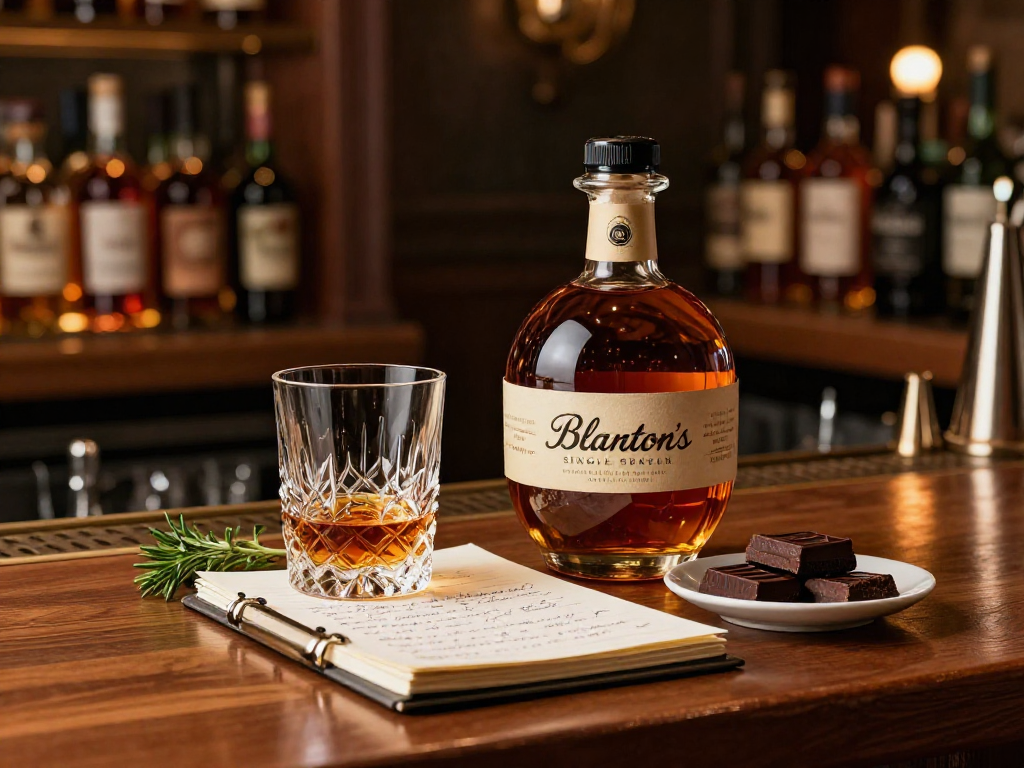 Experience Blanton's Single Barrel Bourbon with elegant tasting setup featuring whiskey glass, dark chocolate, and tasting notes.