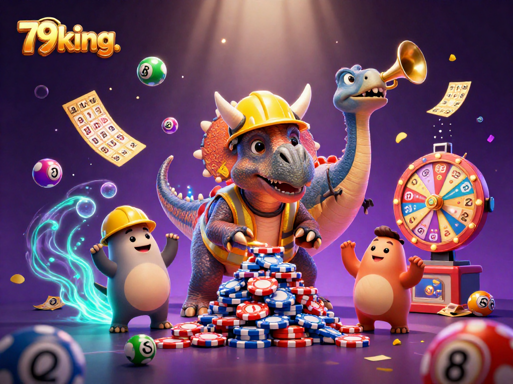 79king. Creates excitement with a vibrant 3D triceratops poker scene featuring lively lottery elements.