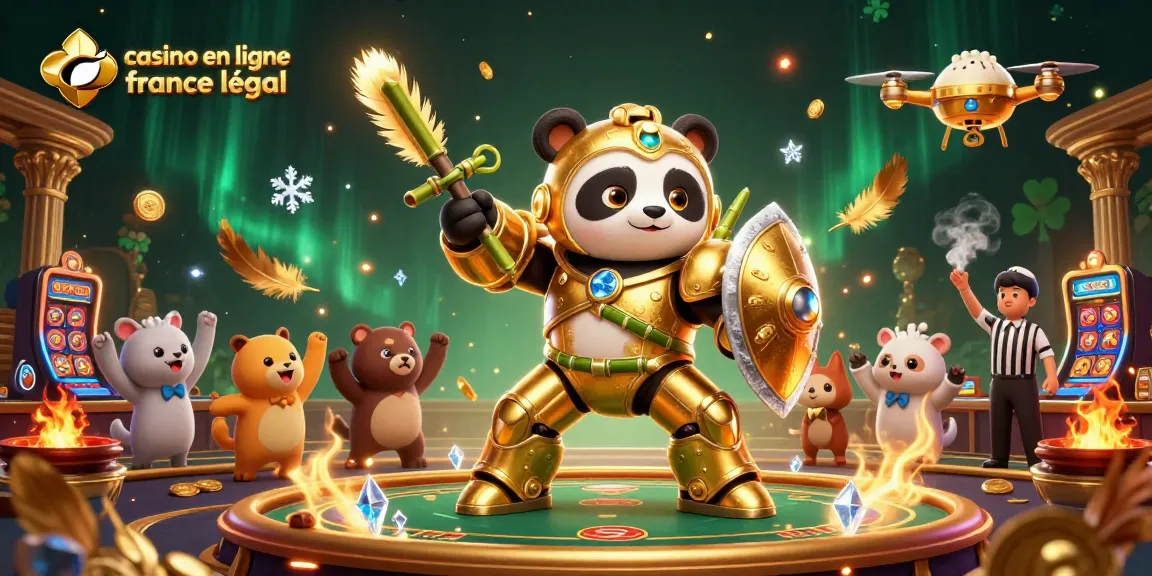 Illustration dynamique de casino en ligne légal en France avec panda et robot, ambiance festive et jeux de hasard.
