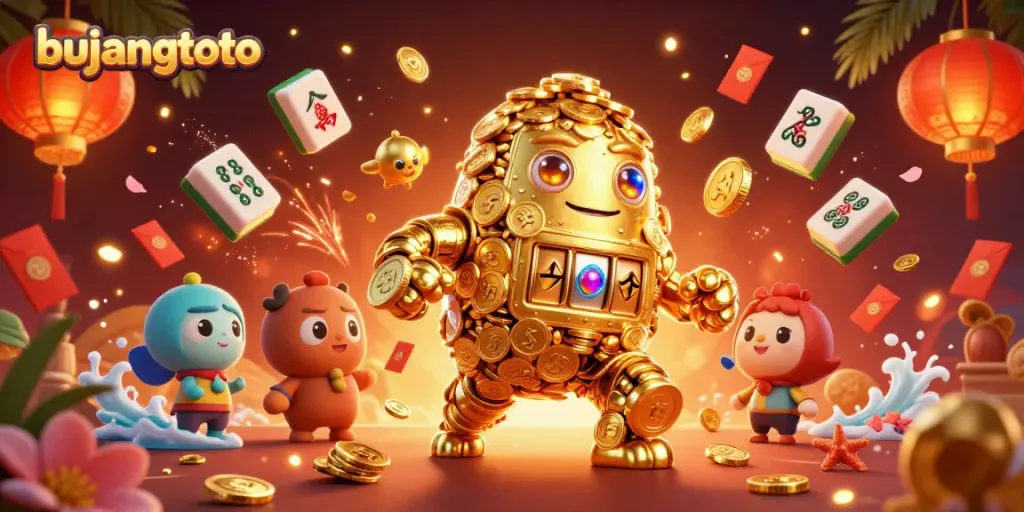 Experience the excitement of bujangtoto with a vibrant illustration of a golden golem amidst casino elements.