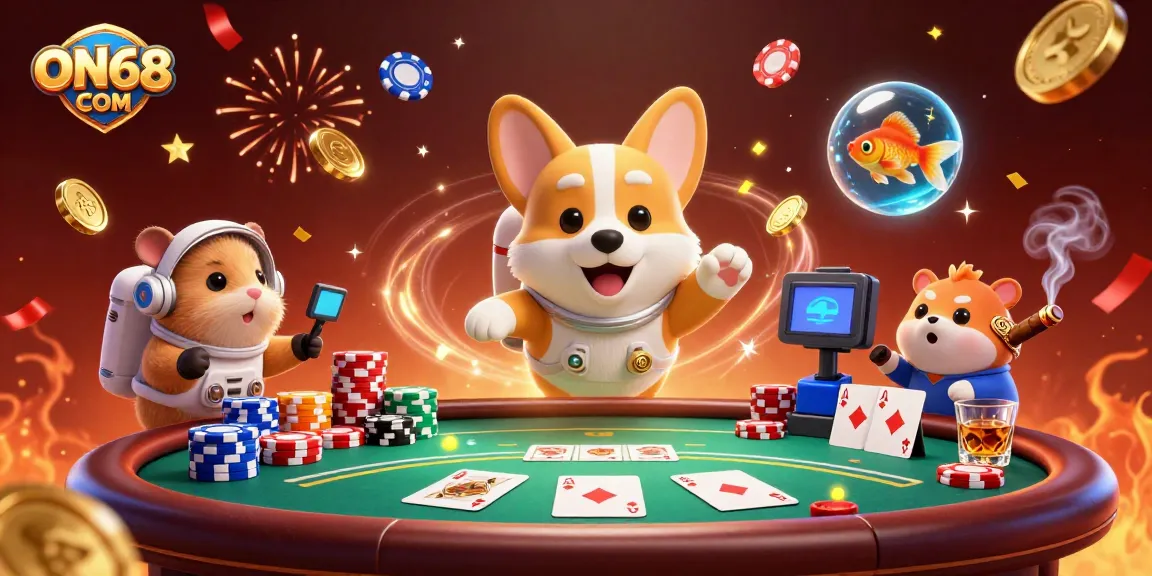 Experience thrilling gameplay with ON68 COM in an exhilarating 3D casino scene featuring a floating corgi and engaging characters.